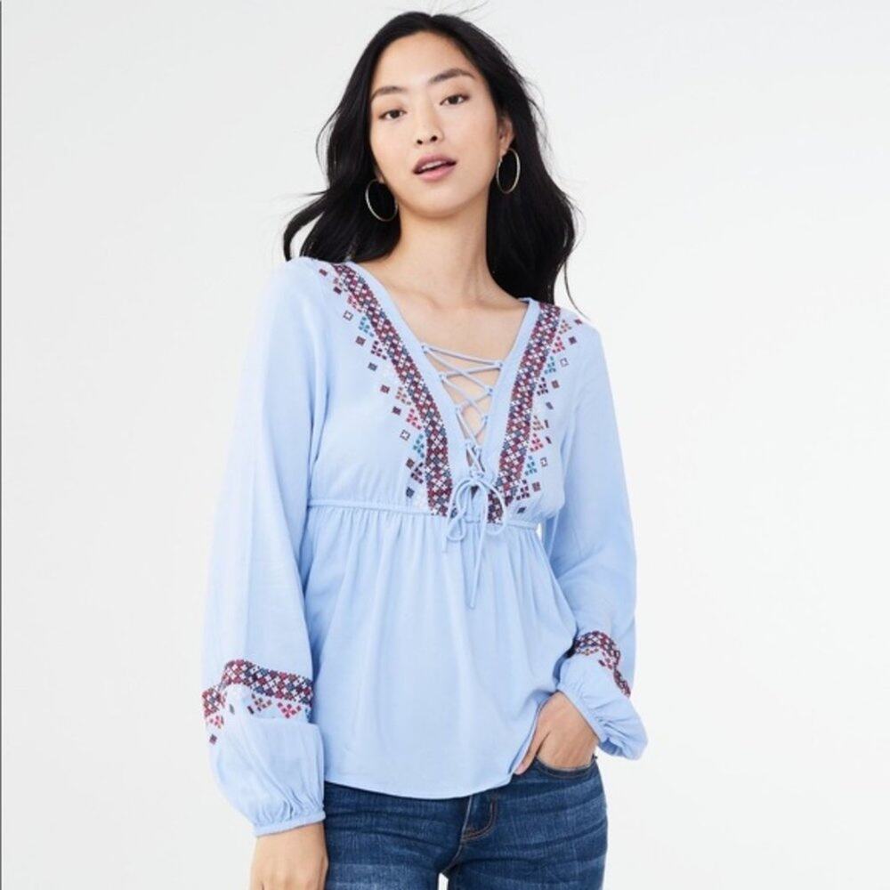 Aeropostale Boho Peasant Lace Up Top Blue Sm